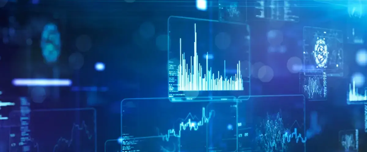 Sfondo digitale blu con grafici e flussi di dati