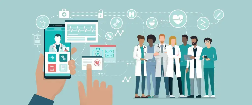 Illustrazione: una mano usa un'app sanitaria sullo smartphone accanto a un gruppo di operatori sanitari