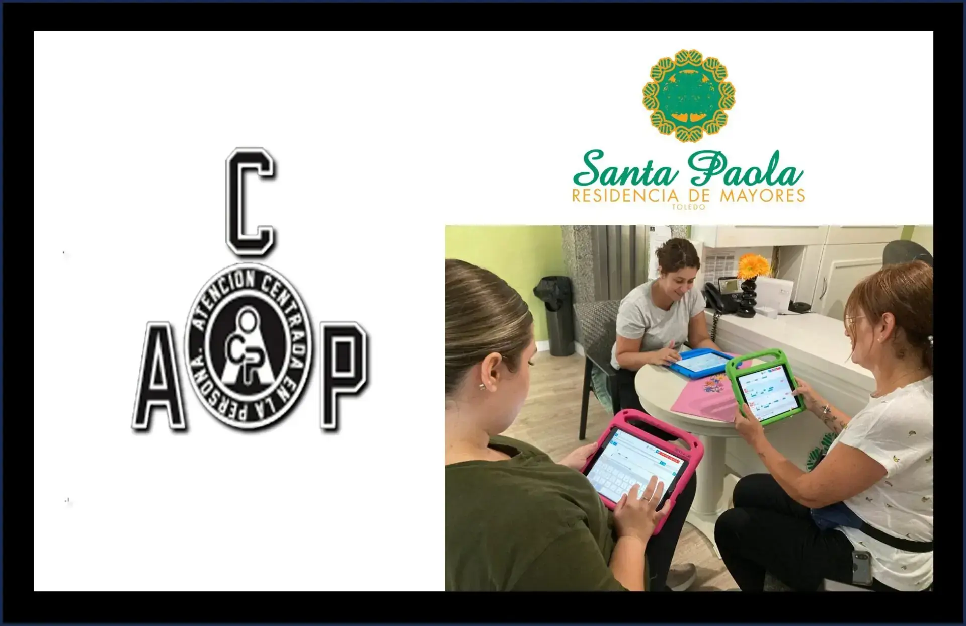 Residencia Santa Paola logo beside a photo of two care workers using a tablet