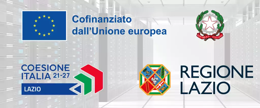 Loghi dei finanziatori pubblici sopra la fotografia di una sala server