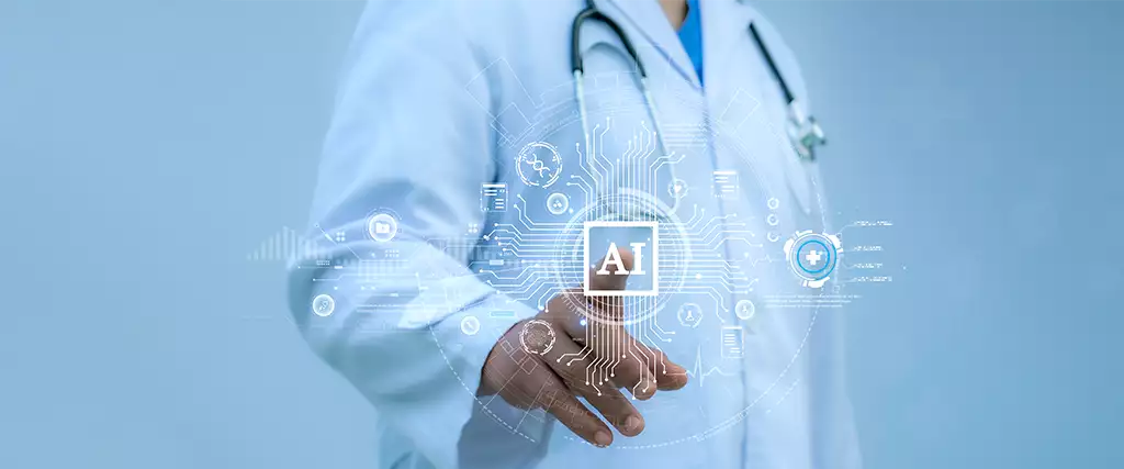 Medico che tocca l'ologramma della sigla AI fra icone digitali
