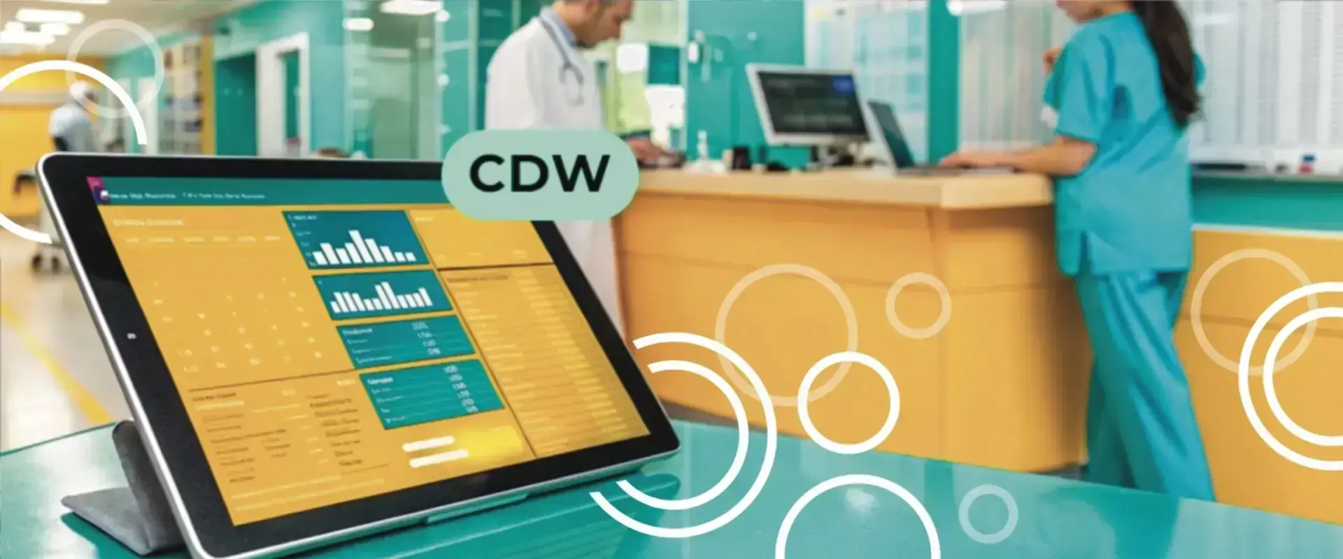 Tablet con un cruscotto di indicatori e la sigla CDW