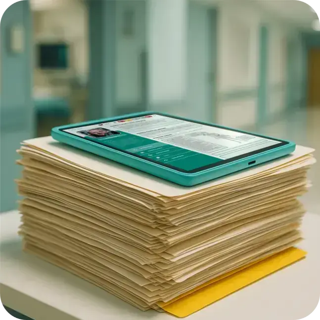 Un tablet con la cartella clinica appoggiato su una pila di fascicoli di carta