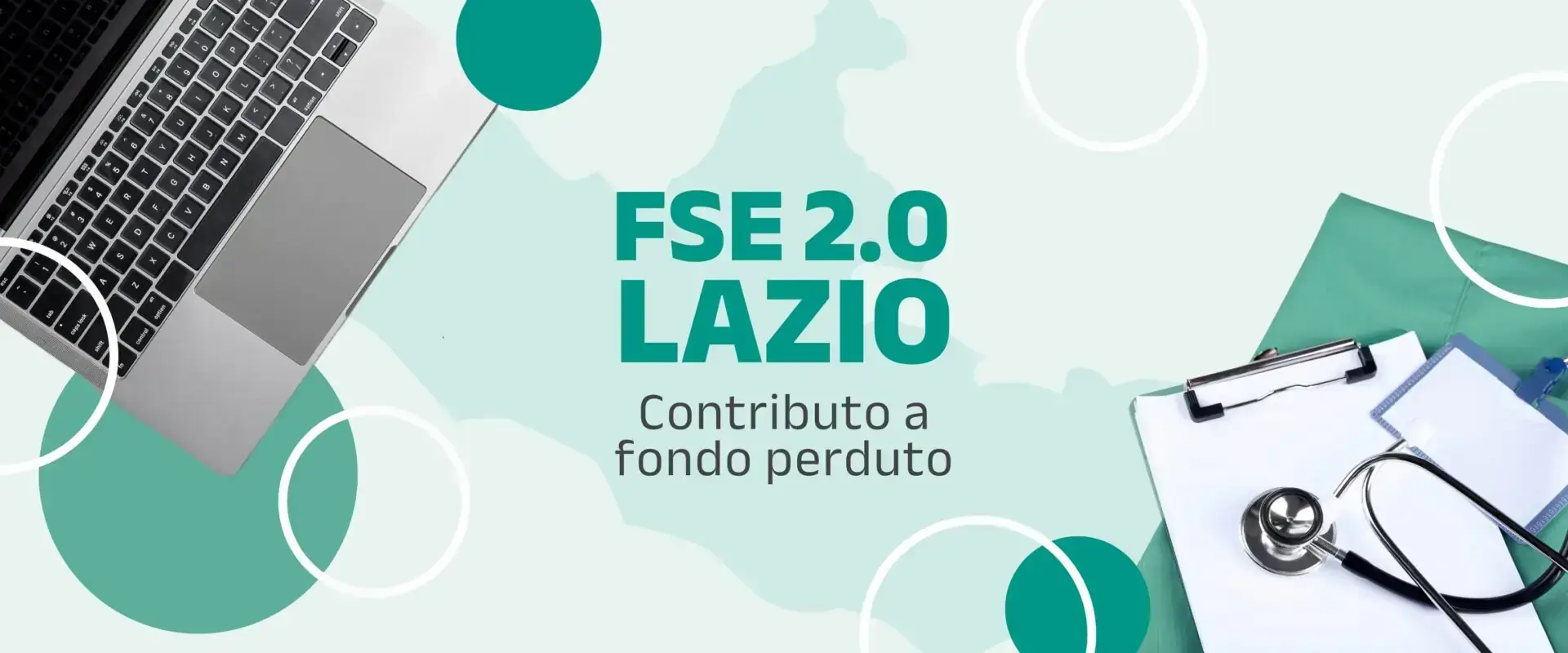 Grafica «FSE 2.0 Lazio — contributo a fondo perduto» con un portatile e uno stetoscopio