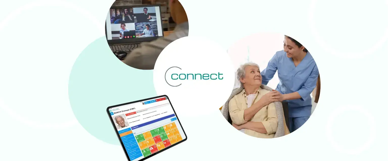 Banner ConnectACP Care: il marchio Connect accanto a un tablet e a un'operatrice con una donna anziana