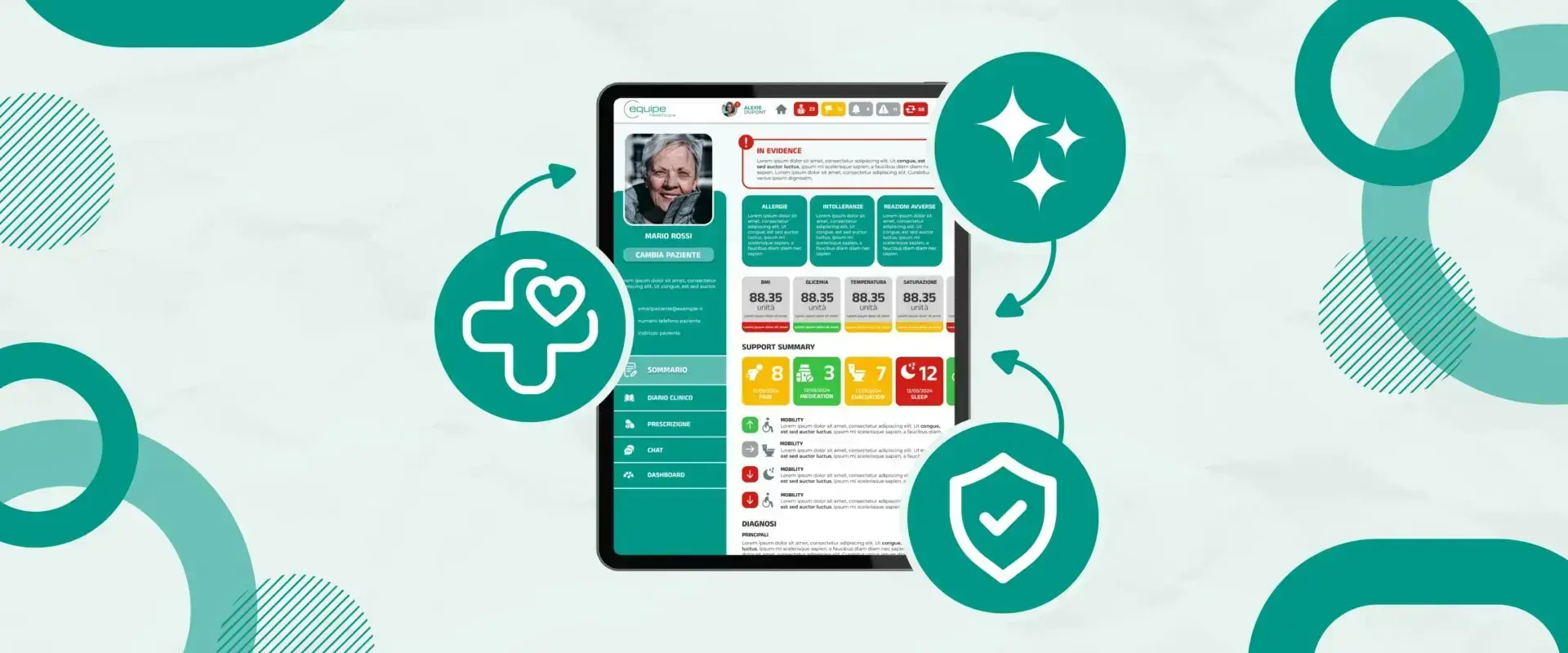 Grafica di uno smartphone con la cartella clinica e le icone delle funzioni