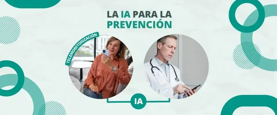 Banner «La IA para la prevención», con dos personas y el símbolo de la inteligencia artificial