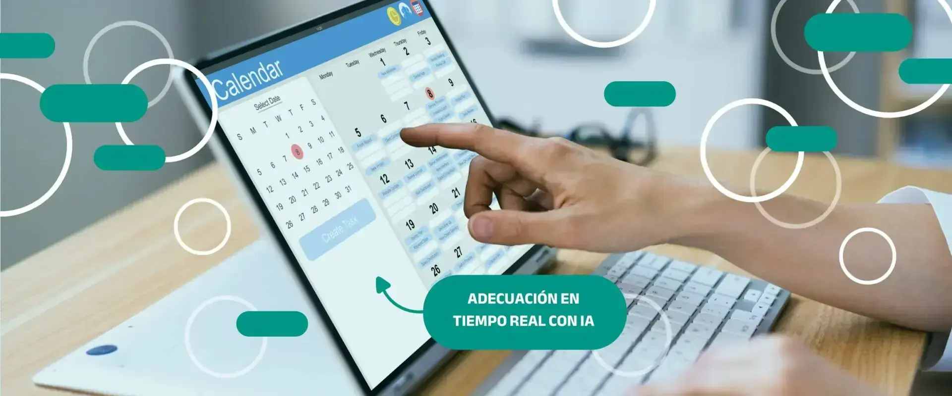 Gráfica «Adecuación en tiempo real con IA» con una mano que usa un calendario en tableta