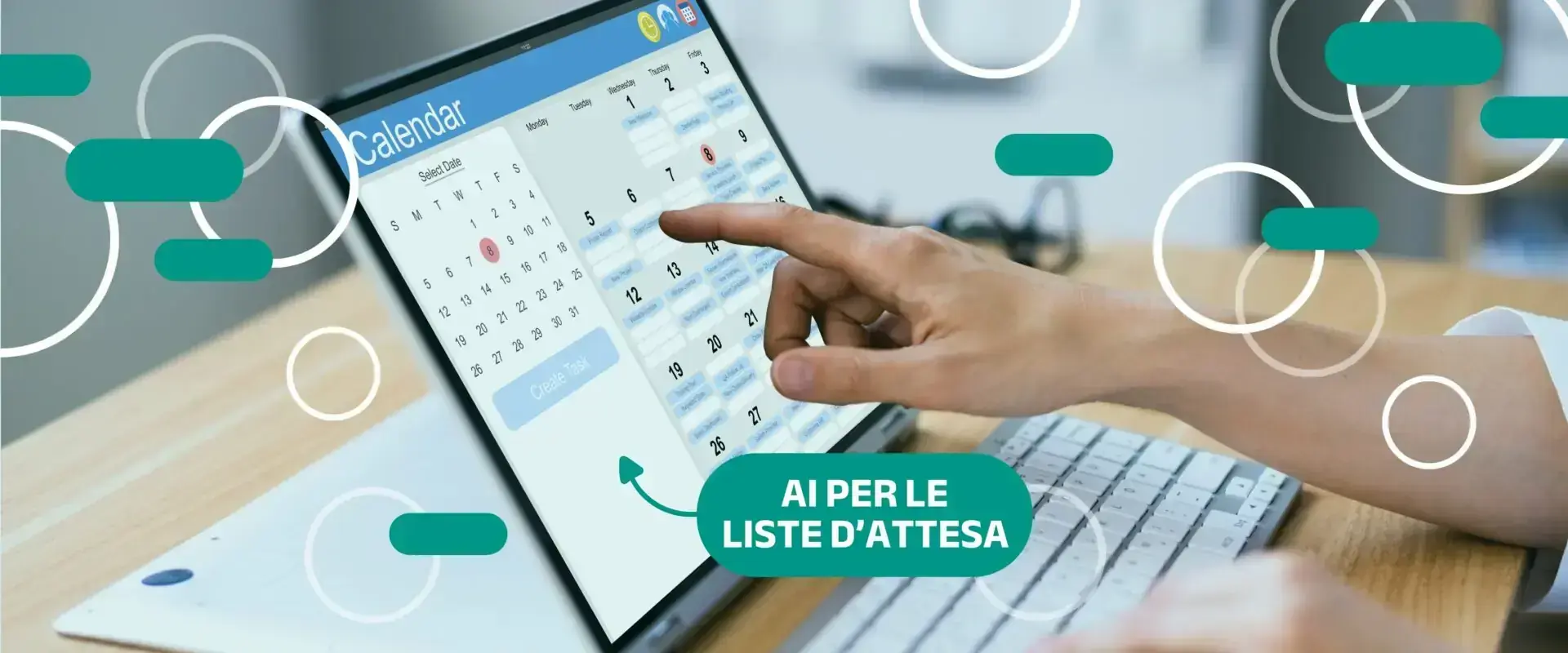 Grafica «AI per le liste d'attesa» con una mano che usa un calendario su tablet