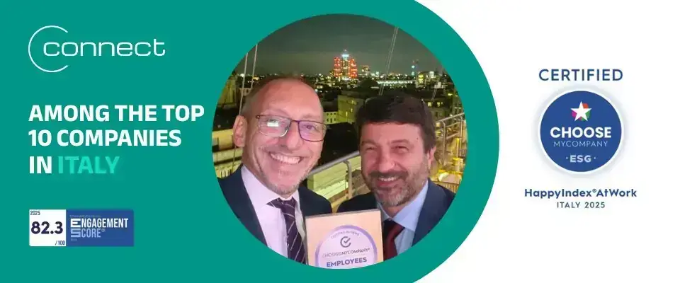 Graphic reading “Among the top 10 companies in Italy”, with two colleagues and the ChooseMyCompany seal