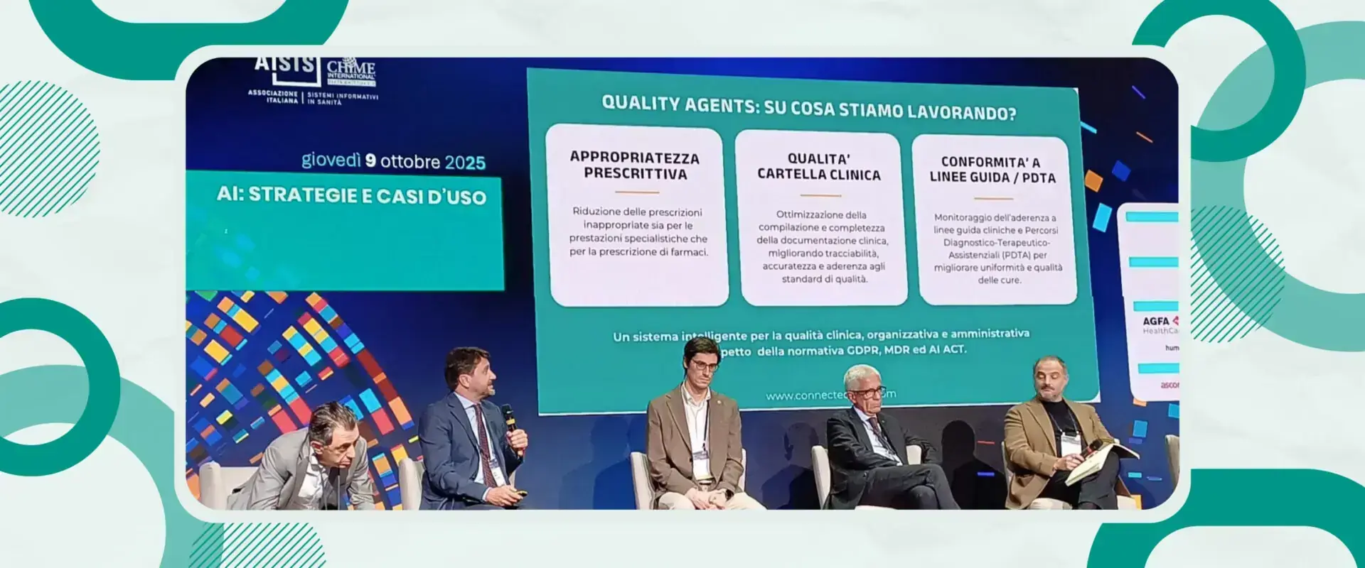 Tavola rotonda «AI: strategie e casi d'uso» con la slide sui quality agent alle spalle dei relatori