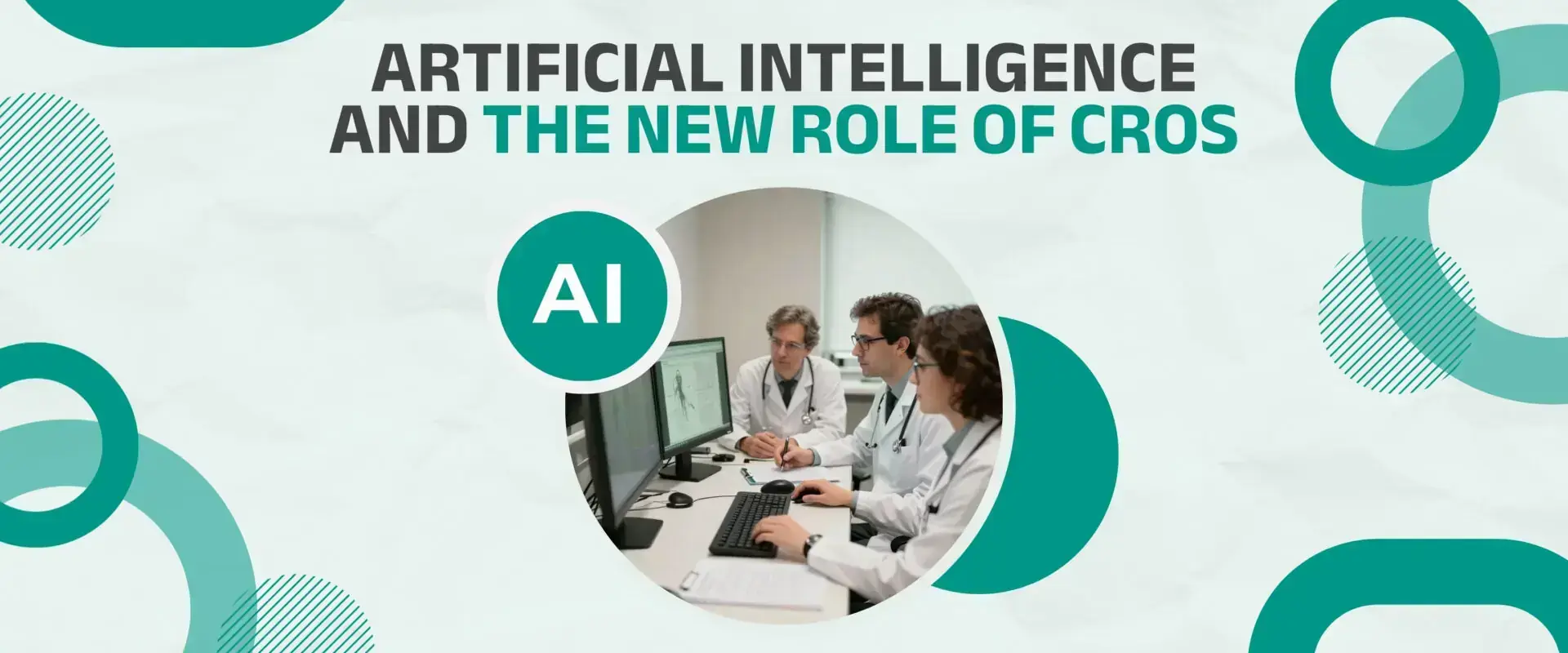 Banner reading «Artificial intelligence and the new role of CROs», with a working meeting