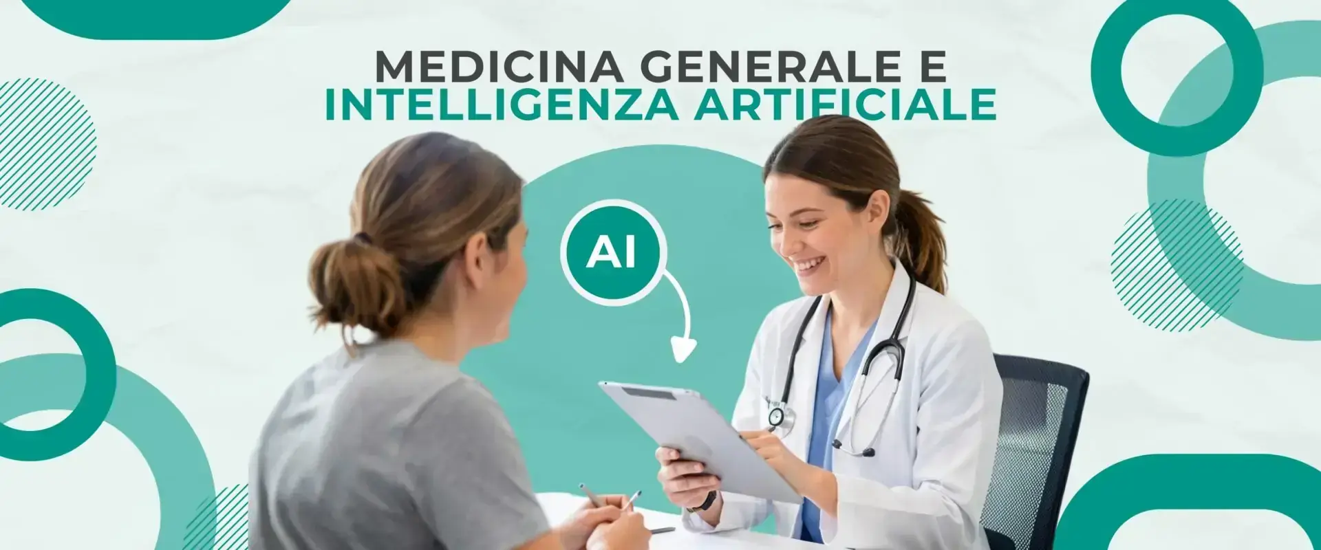Grafica «Medicina generale e intelligenza artificiale» con una medica e una paziente