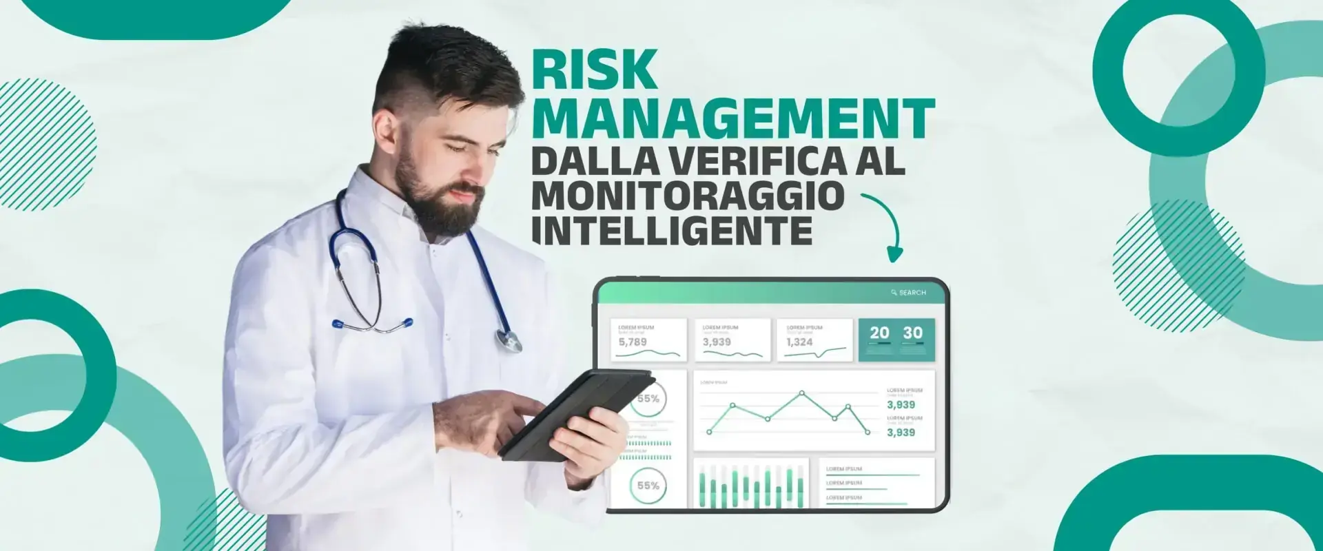Grafica «Risk management: dalla verifica al monitoraggio intelligente» con un medico e un cruscotto