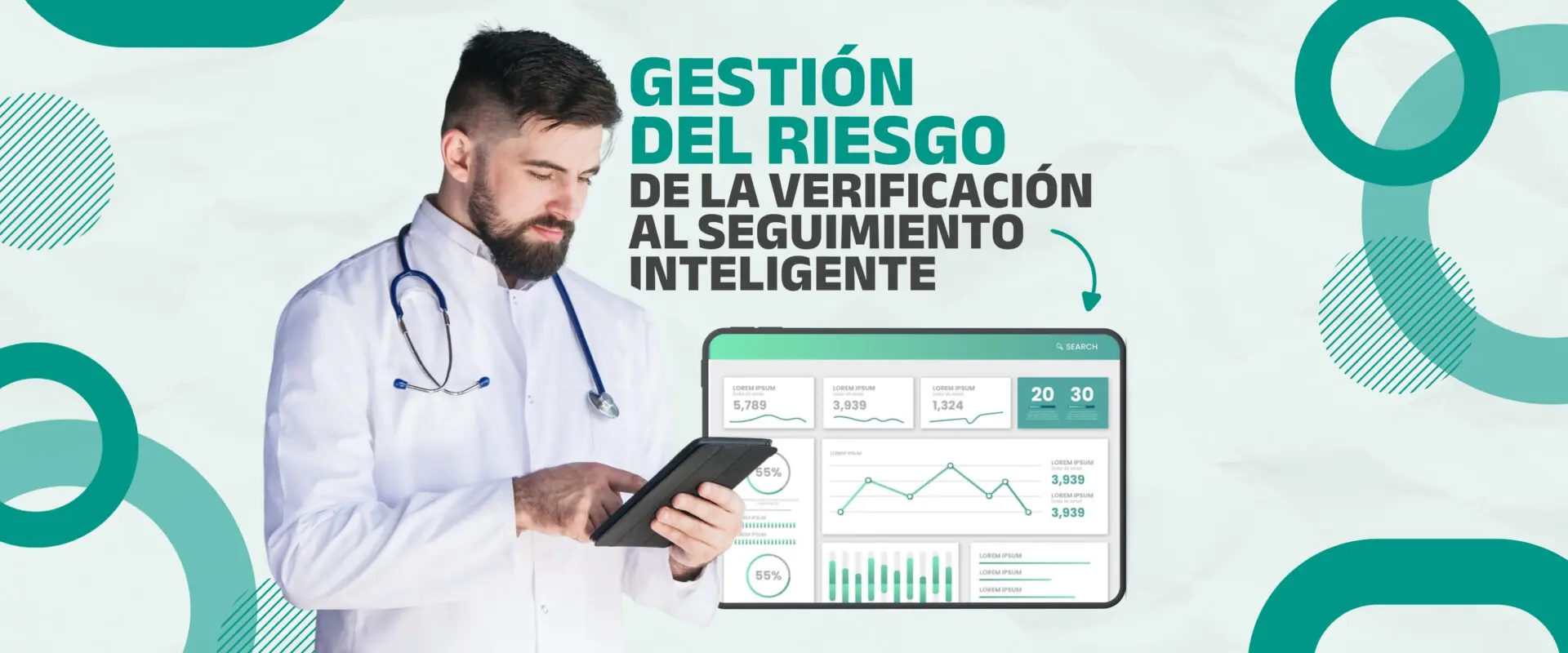 Banner «Gestión del riesgo: de la verificación al seguimiento inteligente», con un médico consultando una tableta