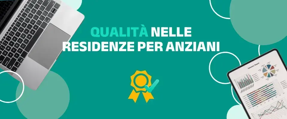 Banner «Qualità nelle residenze per anziani», con un portatile, dei documenti e una coccarda di certificazione