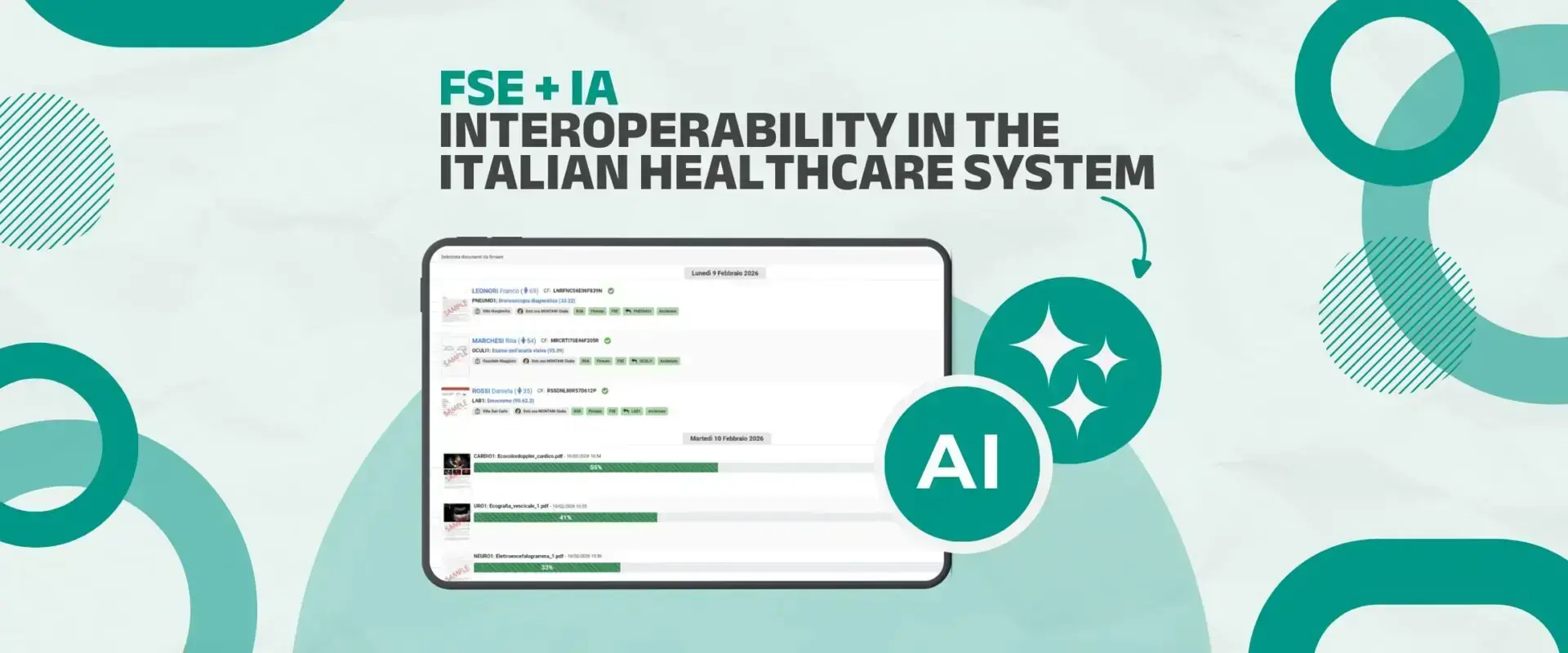 Banner reading «FSE + AI: interoperability in the Italian healthcare system», with a report screen