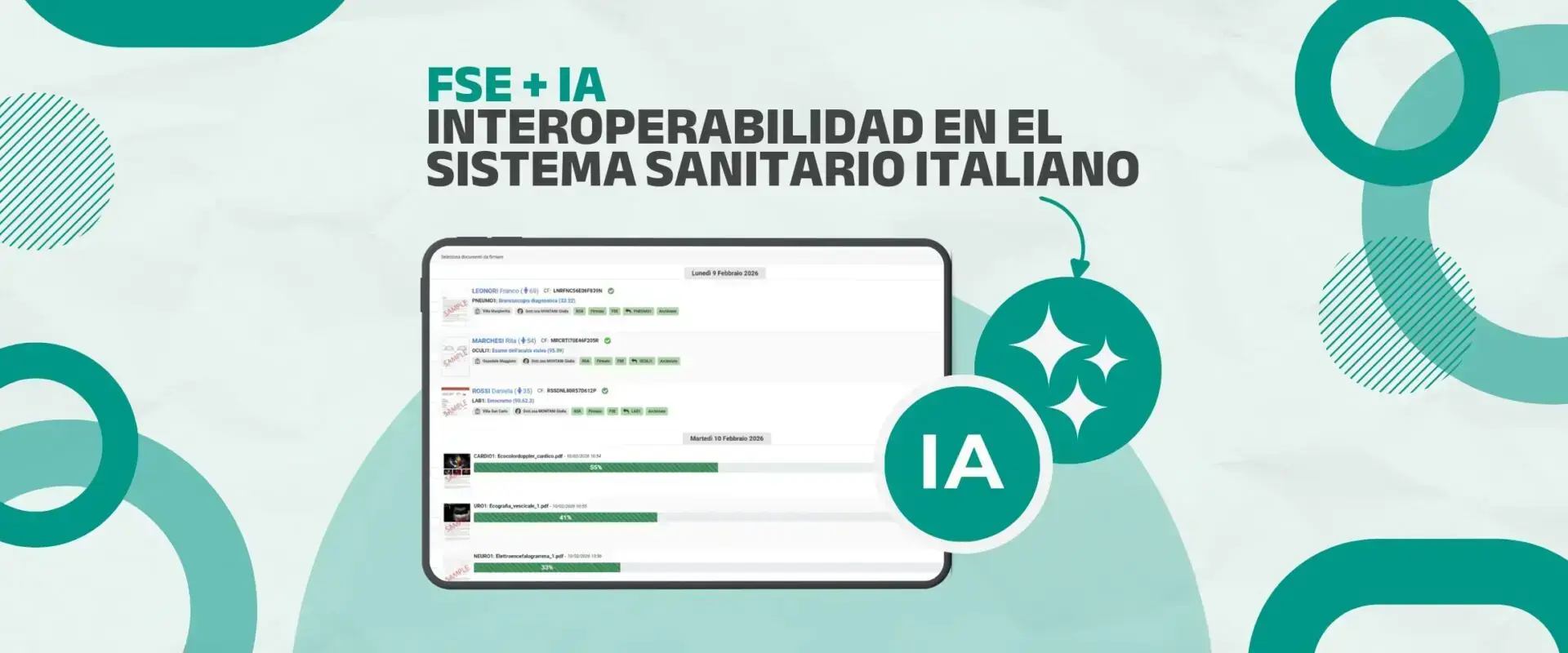 Banner «FSE + IA: interoperabilidad en el sistema sanitario italiano», con una pantalla de informes