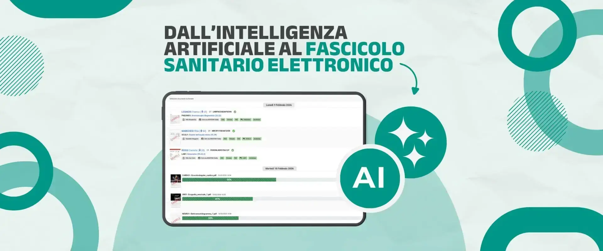 Banner «Dall'intelligenza artificiale al Fascicolo Sanitario Elettronico», con una schermata di referti e il simbolo dell'IA