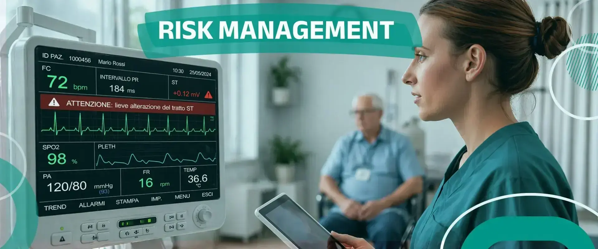 Monitor dei parametri vitali con un'allerta, accanto a un'infermiera con il tablet